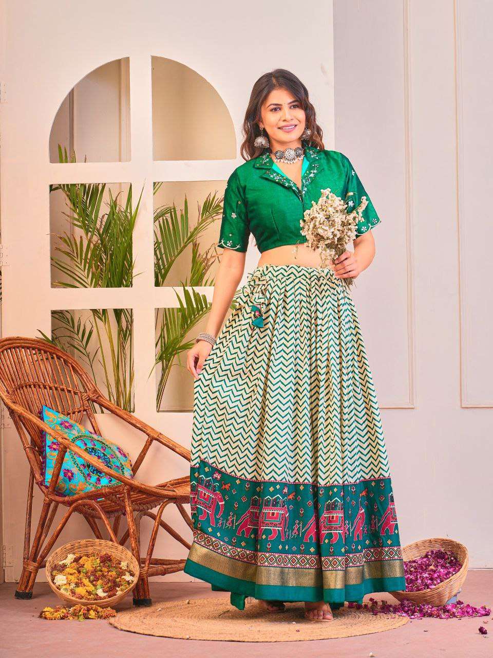 Women's Tussar Silk Patola Print Lehenga Choli Set with Foil Work - Image 16